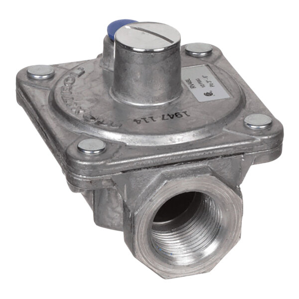 A metallic gas regulator with a threaded opening, four corner bolts, and a cylindrical adjustment knob on top.
