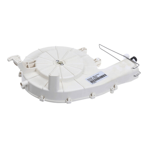 A white, circular plastic component with a central screw, multiple mounting points, and a metal wire guide attached to one end.