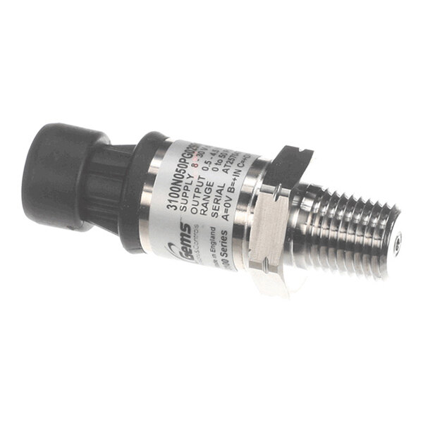 A cylindrical metal and plastic pressure transducer with a threaded end and a labeled body.
