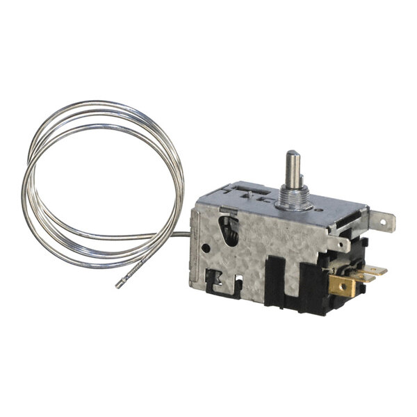 A metal temperature control device with a coiled sensor wire and electrical terminals.