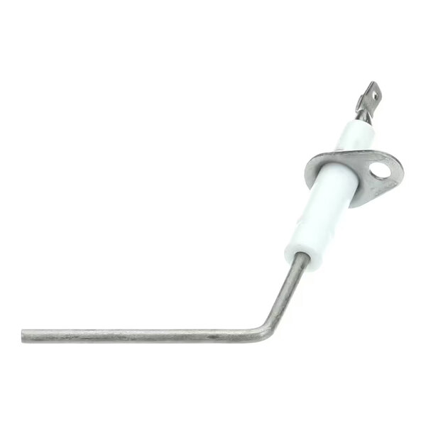 A metal rod with a white ceramic insulator and a mounting bracket, featuring a bent tip and a terminal connector.