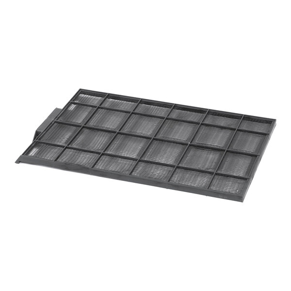 A rectangular black mesh filter with a grid pattern and a small tab on one side, shown on a white background.
