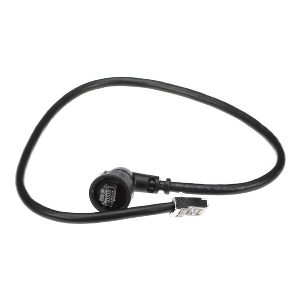 A black cable with an RJ45 connector on one end and a 90-degree twist lock connector on the other end.