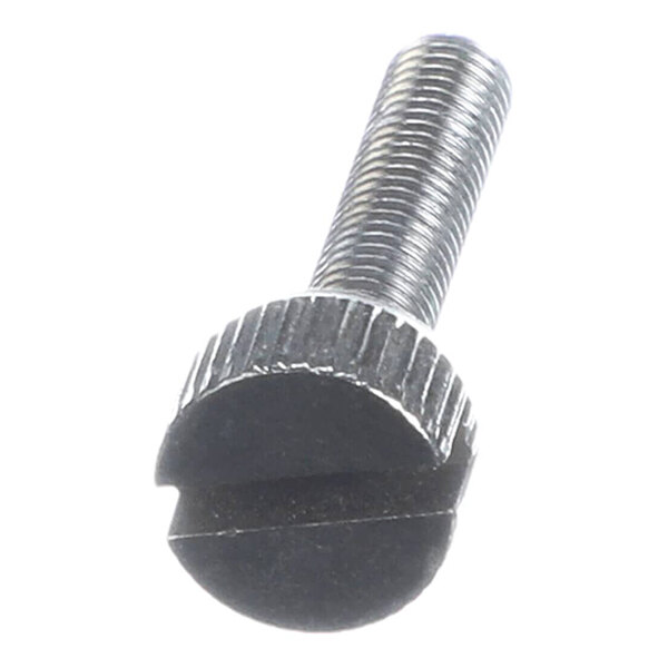 A metal thumb screw with a slotted head and threaded shaft.