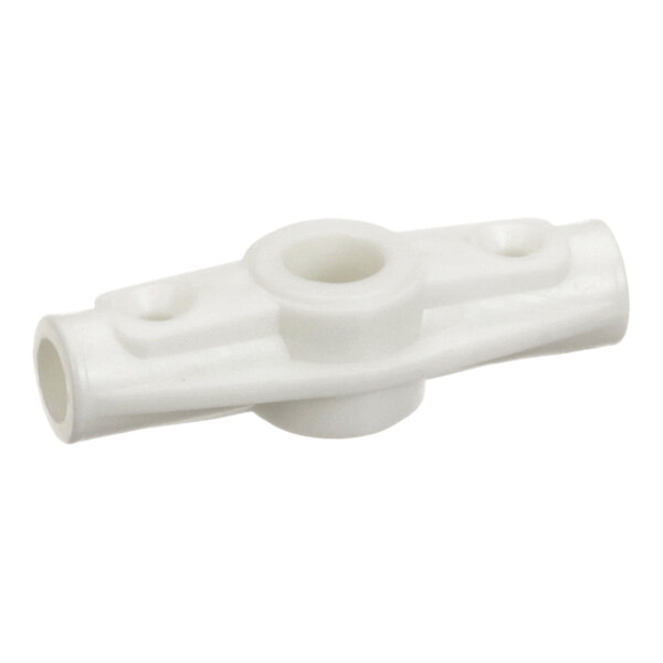 A white, molded plastic component with a central circular opening and two smaller holes on either side, likely used as a connector or hub.