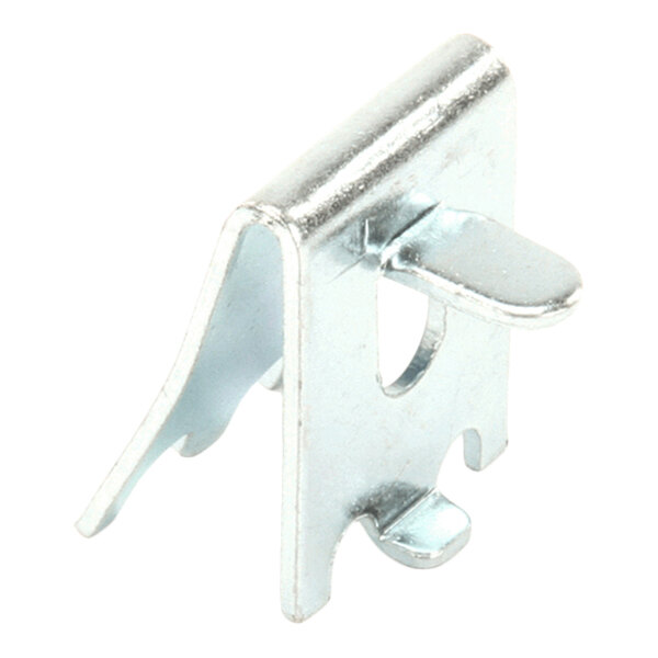 A small, metallic, L-shaped bracket with a protruding tab and a hole in the center, likely used for mounting or supporting shelves.