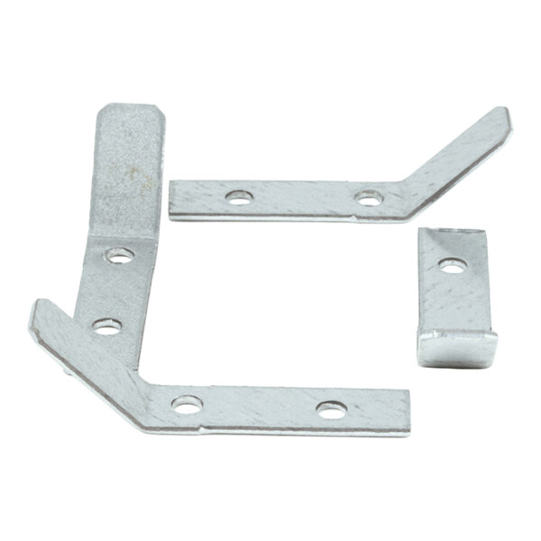 Three silver metal brackets with multiple holes, arranged on a white background.