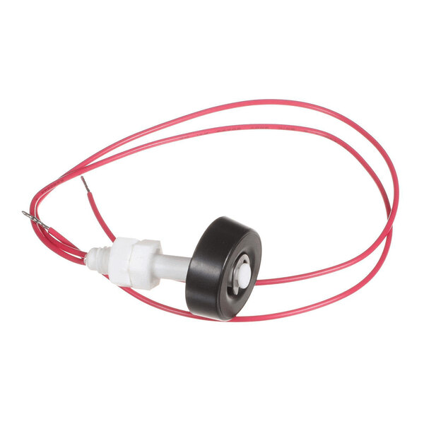 A small electronic sensor with a black circular float, white plastic stem, and two attached red wires.