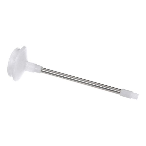 A metal rod with white plastic components on both ends, one end featuring a disc-shaped piece.