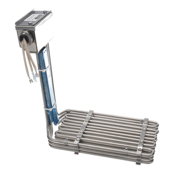 A metallic heating element assembly with coiled tubes and attached electrical wires.