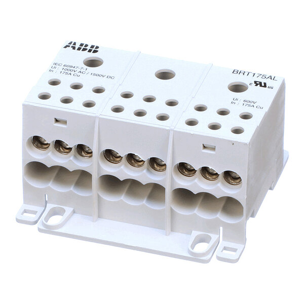 A white electrical terminal block with multiple screw terminals and mounting holes, labeled with technical specifications and the ABB logo.