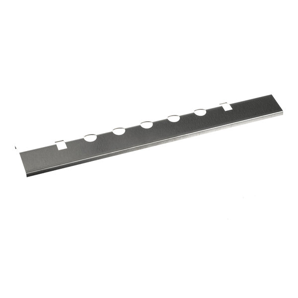 A long, flat metallic strip with several evenly spaced circular and rectangular cutouts.