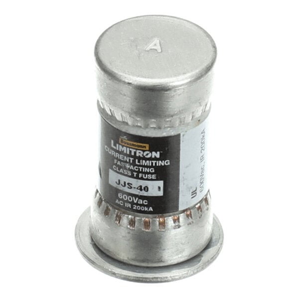 A cylindrical metal fuse with a black label indicating it is a 40A, 600V fast-acting current limiting fuse.
