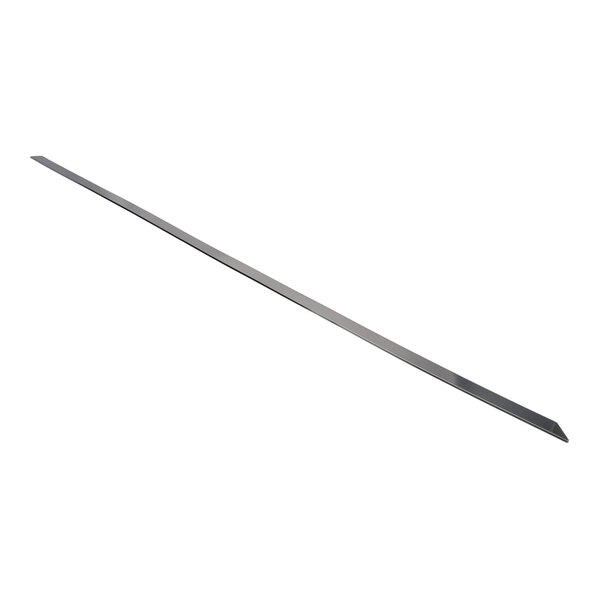 A long, narrow, metallic strip with a slight bend at one end, photographed against a white background.