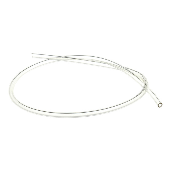 A clear, flexible tube with a small diameter, coiled in a loose loop on a white background.
