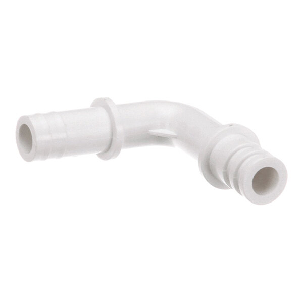 A white plastic barbed hose fitting with a 90-degree bend.