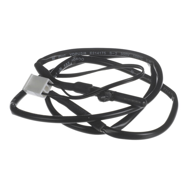 A coiled black cable with a white plastic connector and a cylindrical sensor component attached.