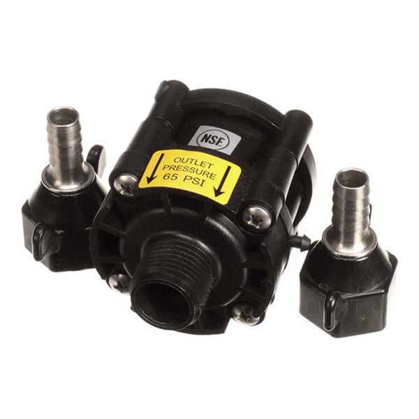 A black plastic pressure regulator with two metal hose fittings and a yellow label indicating an outlet pressure of 65 PSI.