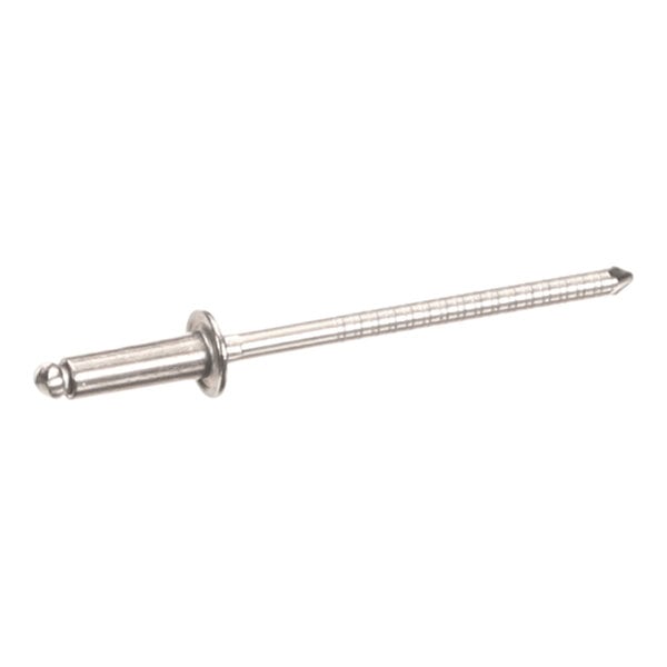 A metallic pop rivet with a cylindrical body and a long, thin mandrel.