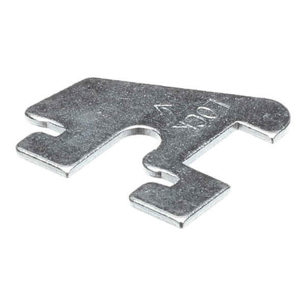 A flat, metallic bracket with a notched design and the word 'LOCK' engraved on its surface.