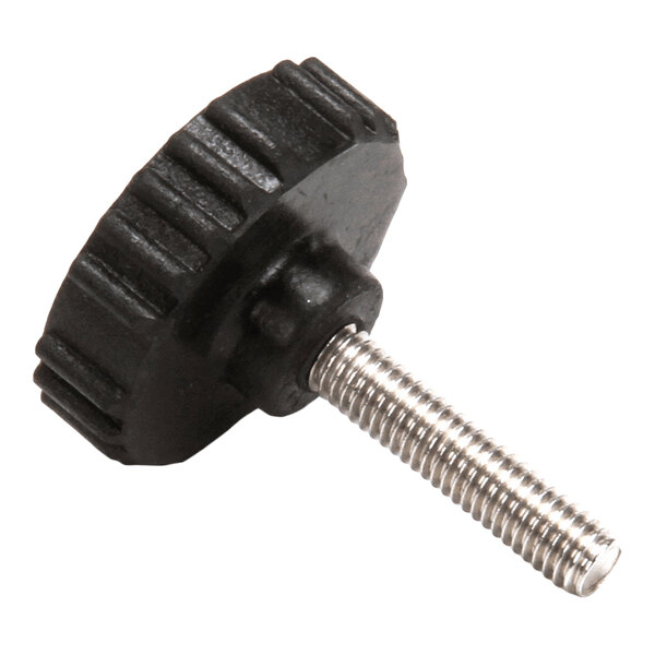 A black plastic knob with a threaded metal shaft, likely used as an adjustable foot or leveling component.