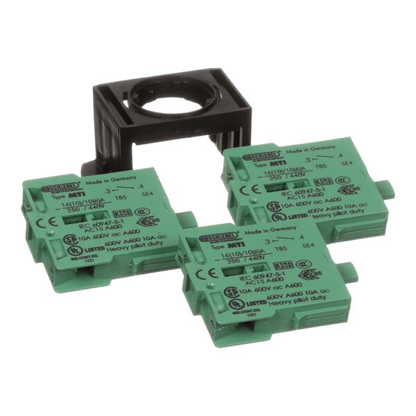 Three green rectangular electrical components with printed specifications and a black plastic mounting bracket are shown against a white background.