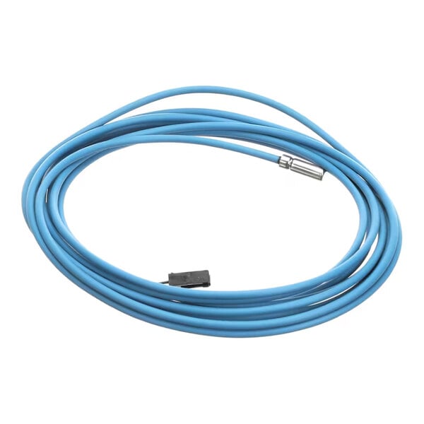 A coiled blue cable with a metallic probe on one end and a black connector on the other end.