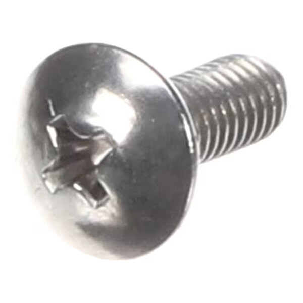 A metal screw with a Phillips truss head and threaded shaft.
