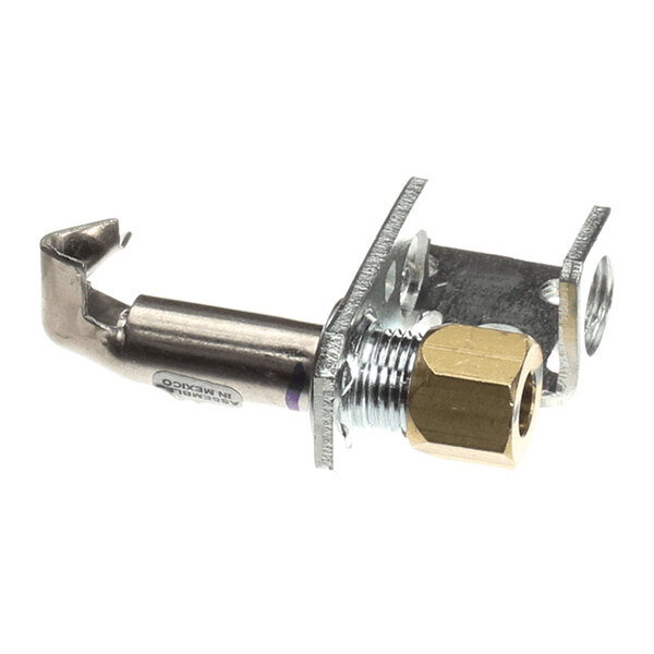A metal pilot assembly with a brass fitting and mounting bracket, typically used in gas appliances.