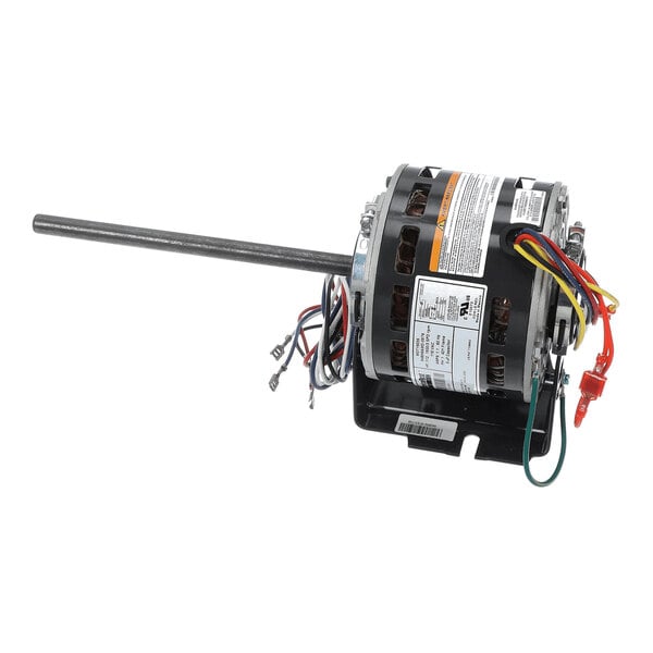 An electric motor with a long shaft, exposed wiring, and multiple colored wires attached to its side.