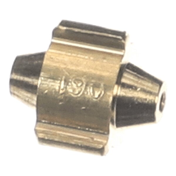 A small, metallic, cylindrical component with a central hexagonal section and tapered ends, featuring engraved markings.