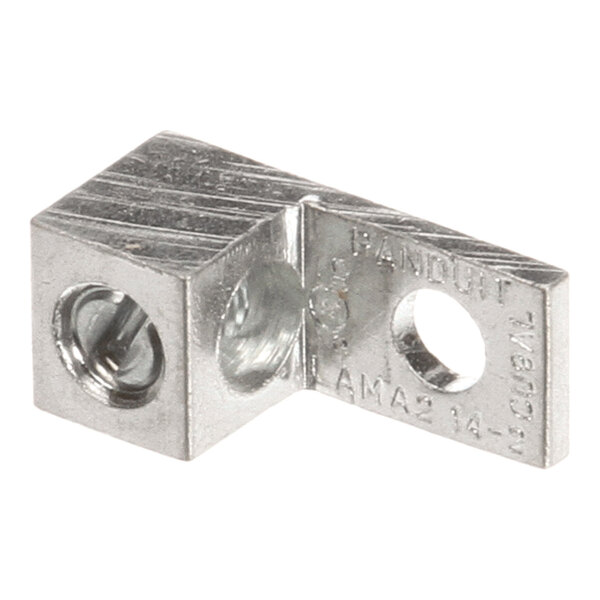 A metallic L-shaped terminal lug with a screw hole and a wire insertion point.