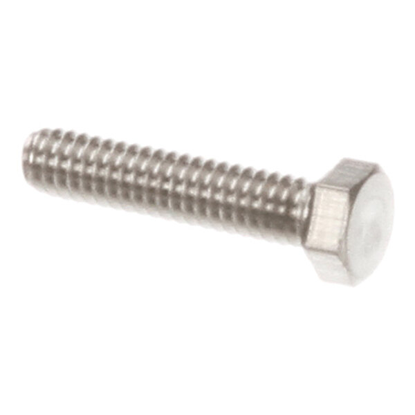 A metal hex head screw with a threaded shaft.