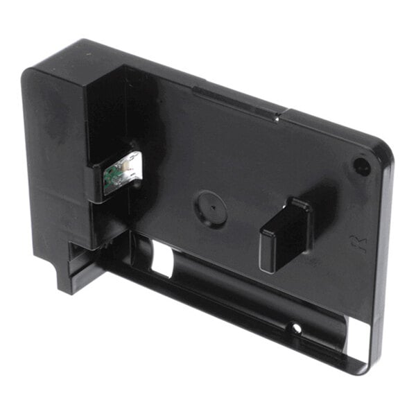 A black plastic support plate assembly with a protruding connector and mounting features.