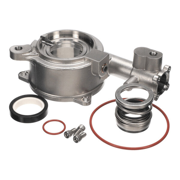 A metallic mechanical housing assembly with several circular seals, a spring-loaded component, and two screws arranged on a white background.