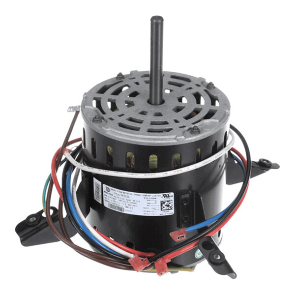 A cylindrical electric motor with a central shaft, multiple colored wires, and mounting brackets visible.