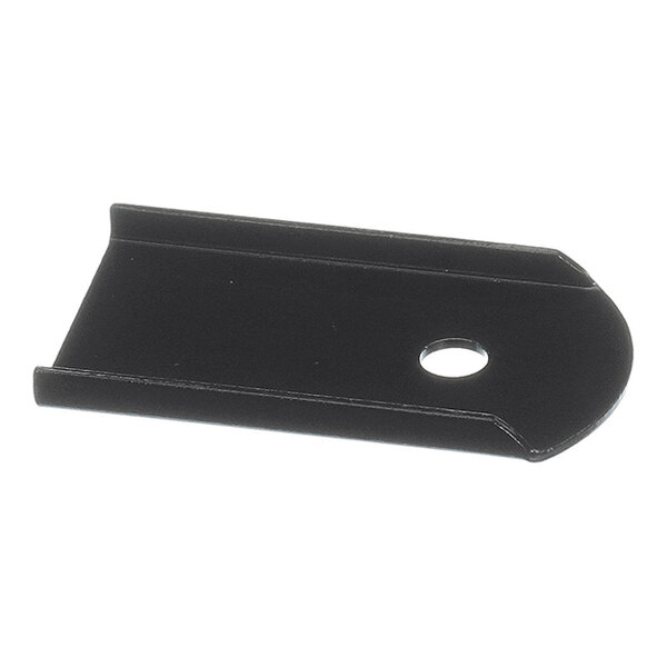 A black metal plate with a rounded end and a single hole near one edge.