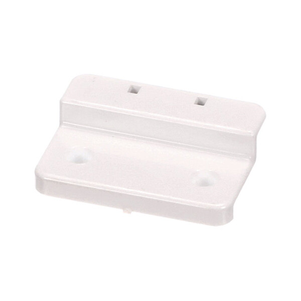A white plastic component with two square holes and two round holes, likely designed for mounting or attachment purposes.