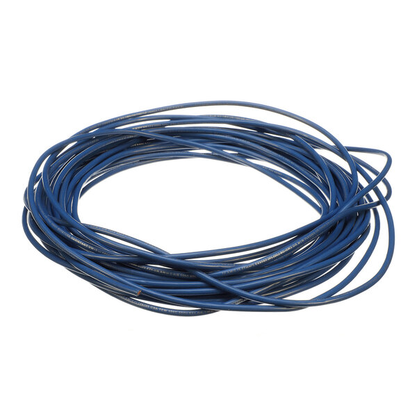 A coiled length of blue electrical wire on a white background.