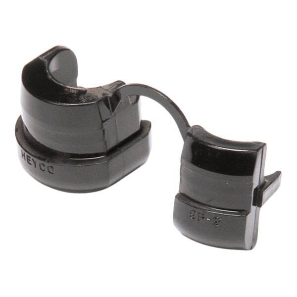 A black plastic clamp-like component with two curved sections connected by a flexible strip, featuring molded text on its surface.
