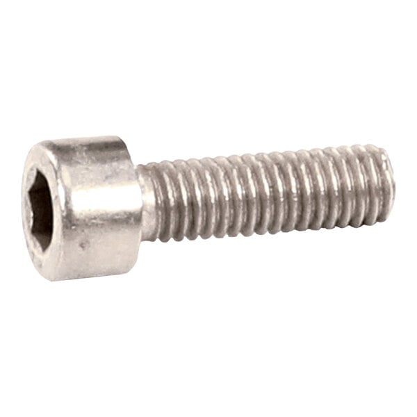 A metal socket head screw with a hexagonal drive and threaded shaft.