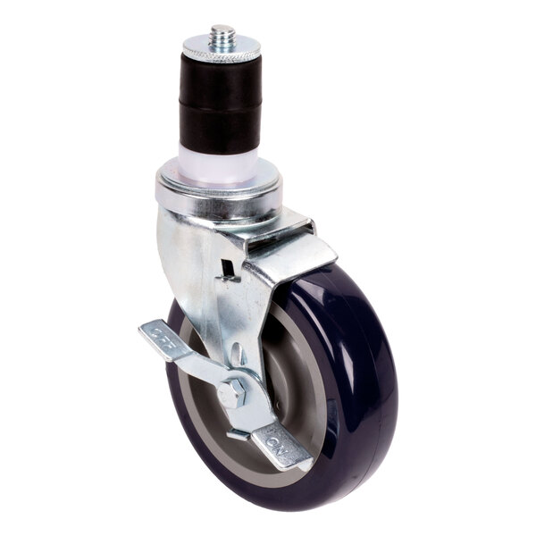 A close-up of an Eagle Group zinc castor wheel with a black rubber tire.