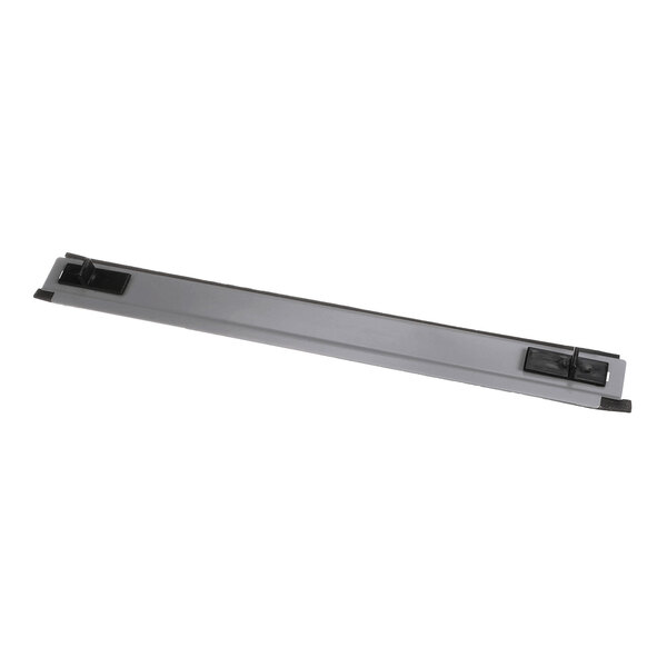 A long, rectangular metallic panel with black plastic clips at each end, photographed against a white background.