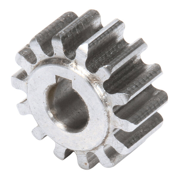A small metallic gear with 14 teeth and a central hole featuring a keyway slot.