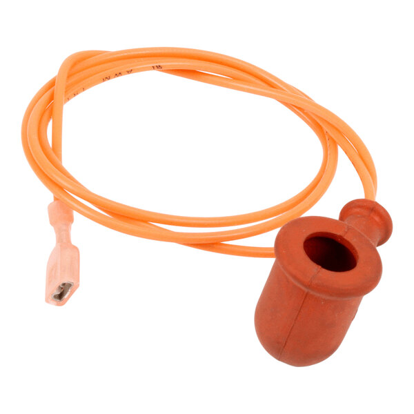 An orange wire assembly with a cylindrical rubber component on one end and a metal connector on the other end.