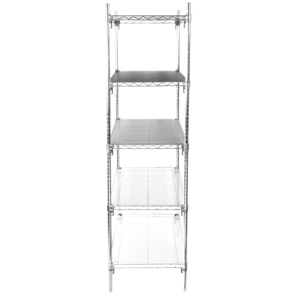 A Metro chrome wire shelving unit with four shelves.