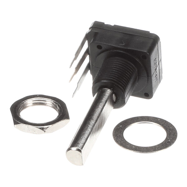 A metal shaft rotary component with a threaded black plastic base, three metal pins, and two metal washers.