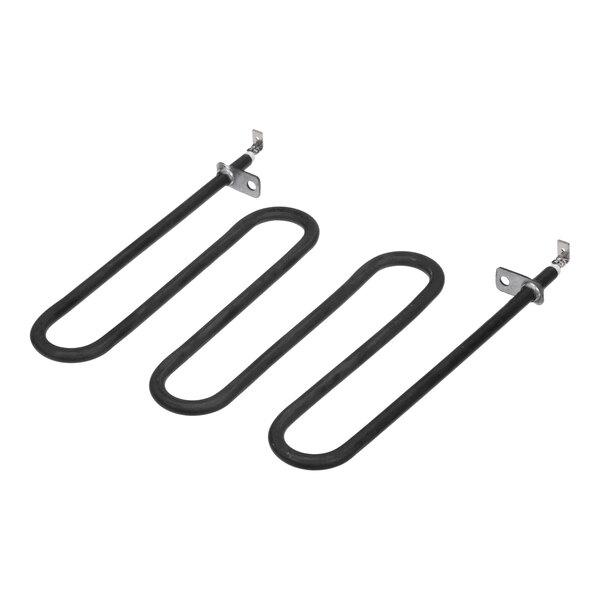 A black, serpentine-shaped metal heating element with mounting brackets and electrical connectors at both ends.