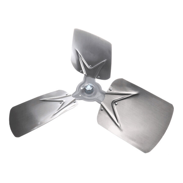 A three-blade metallic fan propeller with a central mounting hub, viewed from above.