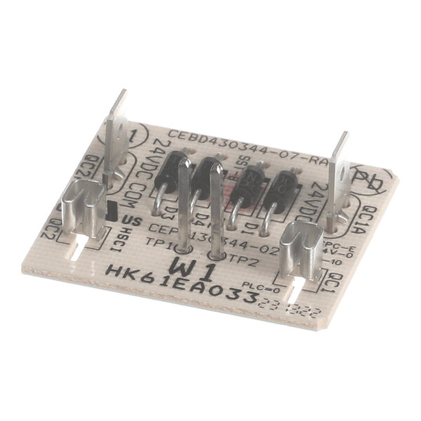 A small rectangular electronic circuit board with metal connectors and printed labels, featuring several black components and visible text including 'W1' and 'HK61EA033'.